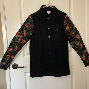 EUC LuLaRoe black denim jacket with multi color large floral print on sleeves